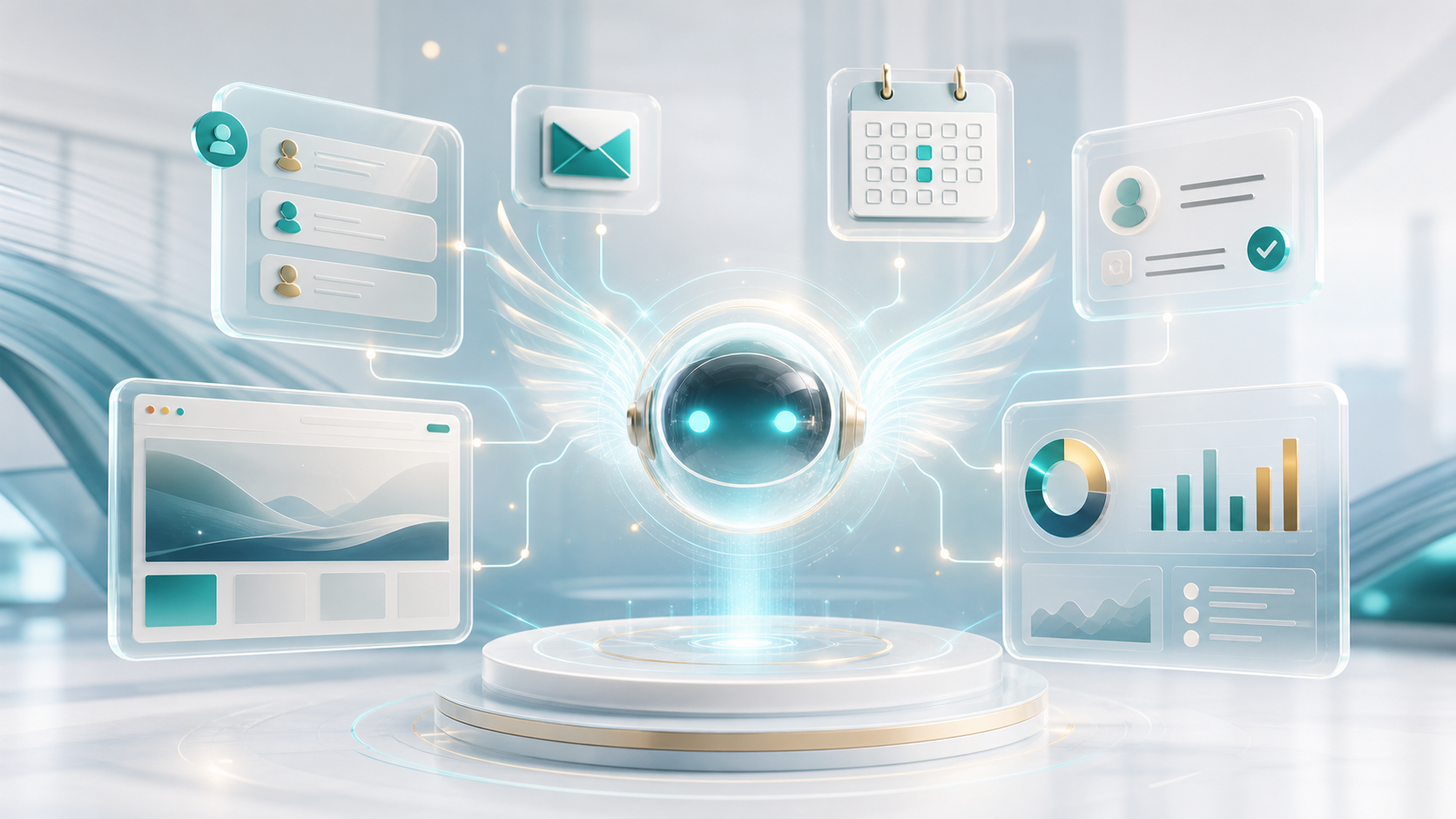Minh họa Hermes AI Agent kết nối CRM, website, email, lịch và dữ liệu doanh nghiệp